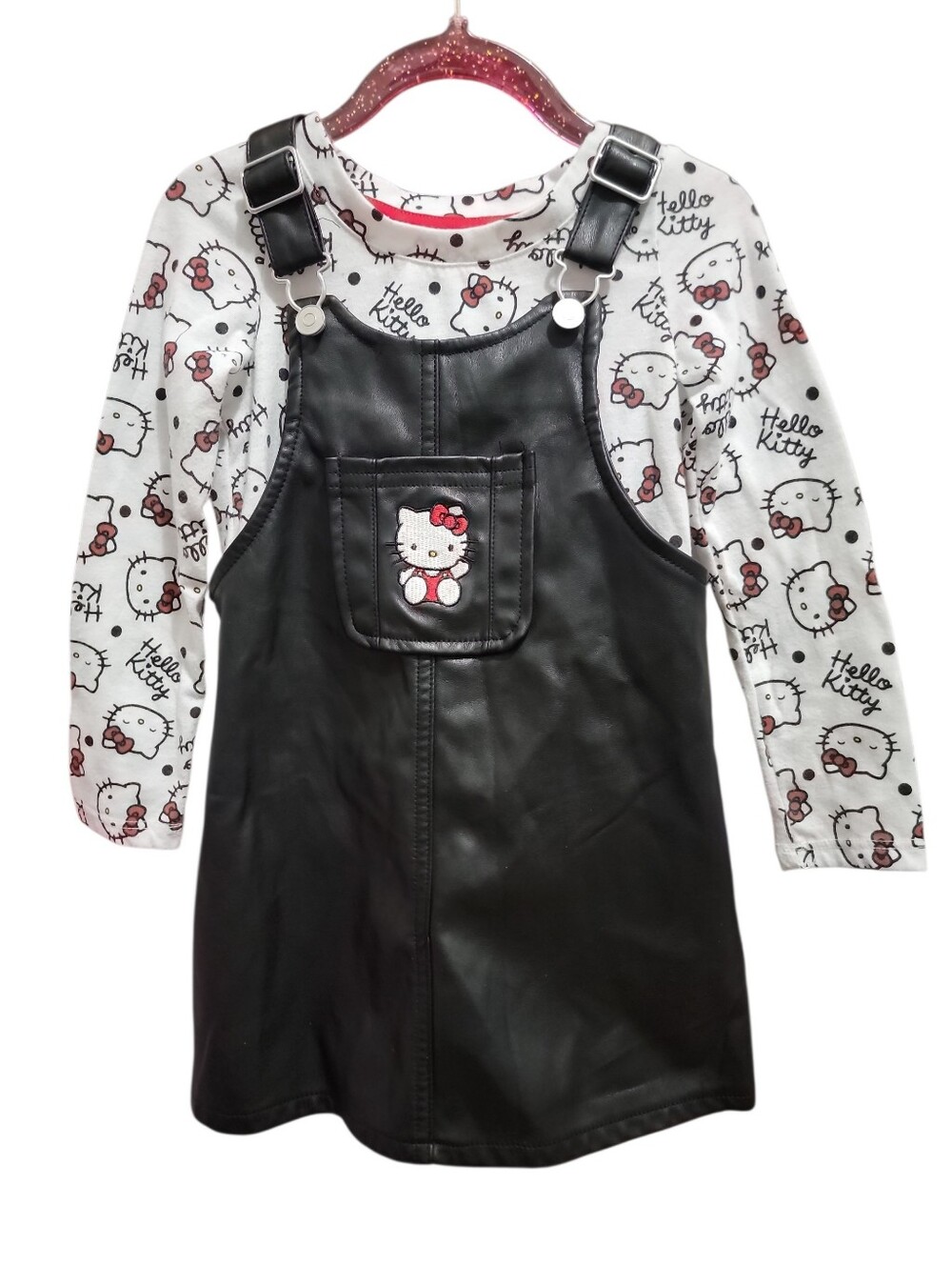 Toddler Hello Kitty Black Faux Leather Overall Size 3t